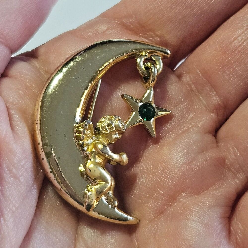 L Razza Gold Tone Moon and Dangling Star Brooch Green Rhinestone Accent Vintage
